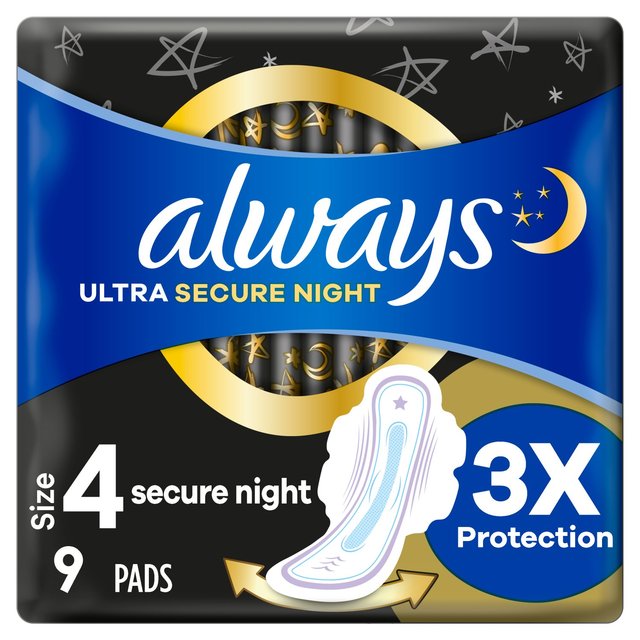 Siempre toallas sanitarias Tamaño nocturno ultra seguro 4 alas 9 por paquete